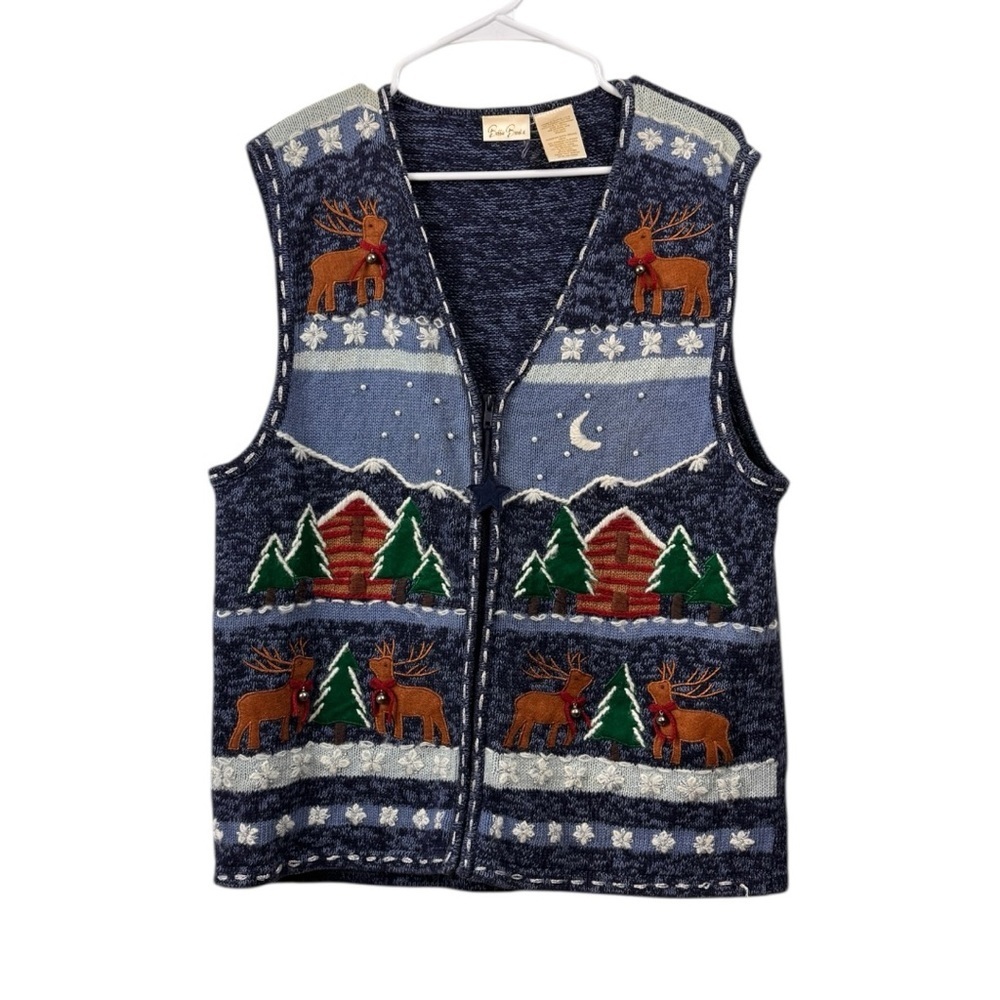 Bobbie Brooks Size XL Deer Cabin Winter Night Scene Cardigan sweater Vest Zipper